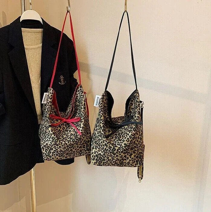 Leopard Large Shoulder Bags Reflective Soft Fabric Zipper Bow Tie with Mini Bag