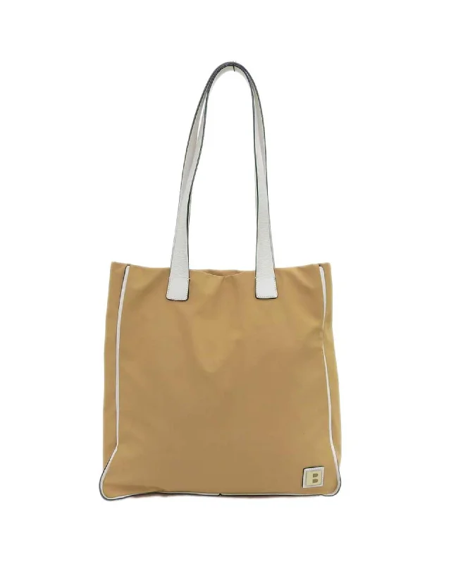 Authentic Bally Beige Nylon Leather Tote Bag Very Good Condition