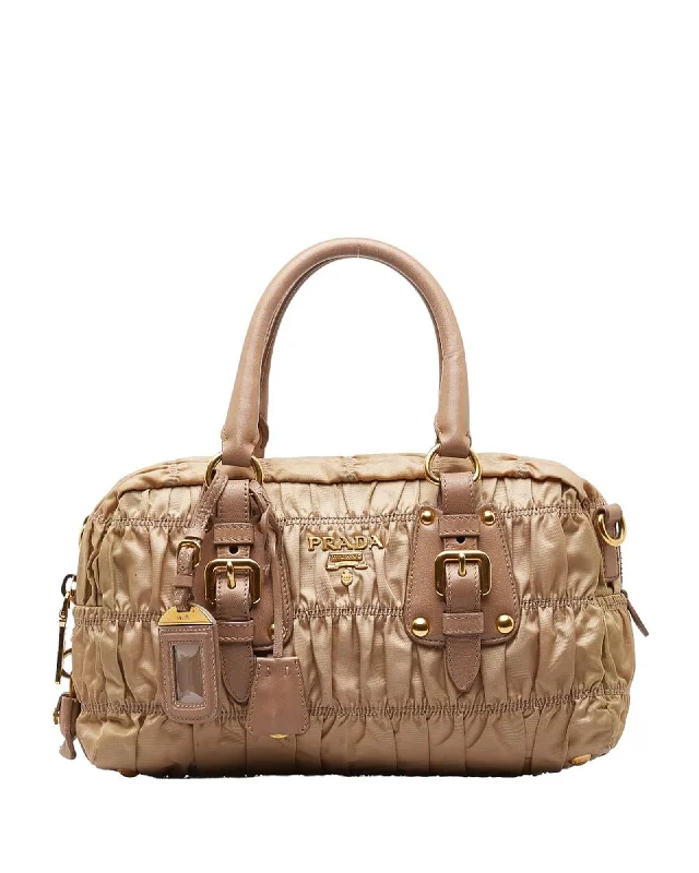 Nylon Leather Gathered 2WAY Handbag in Beige by Prada