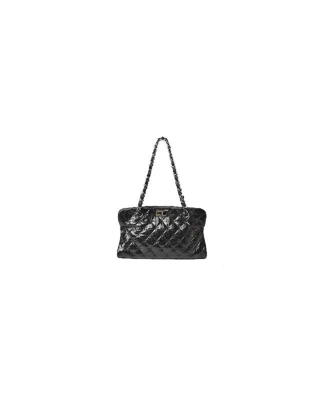 Vintage Black Patent Leather Quilted Tote Bag