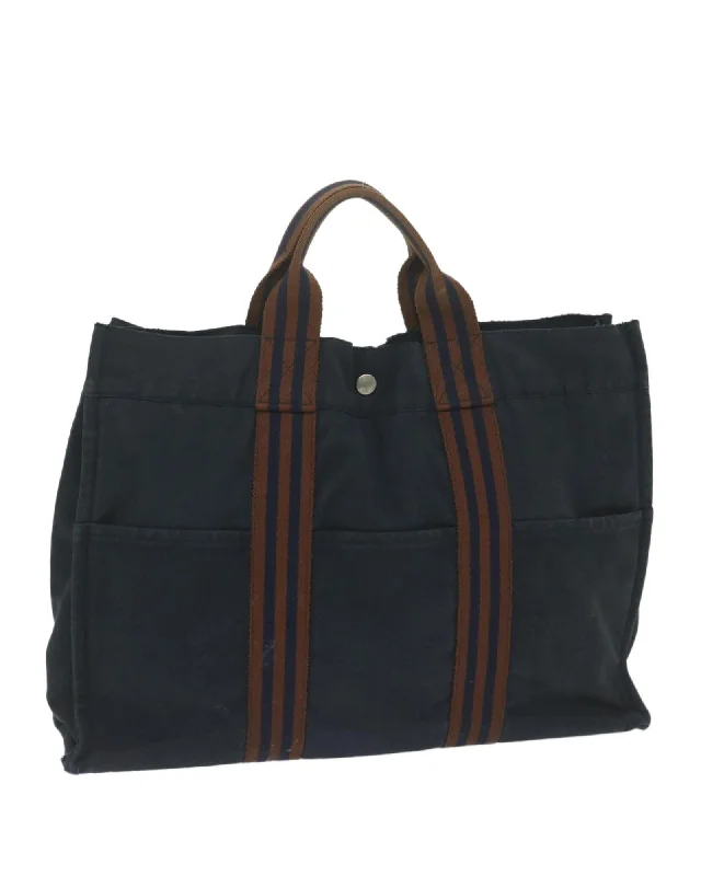 Canvas Hand Bag with Brown and Navy Accents - Authentic HERMES