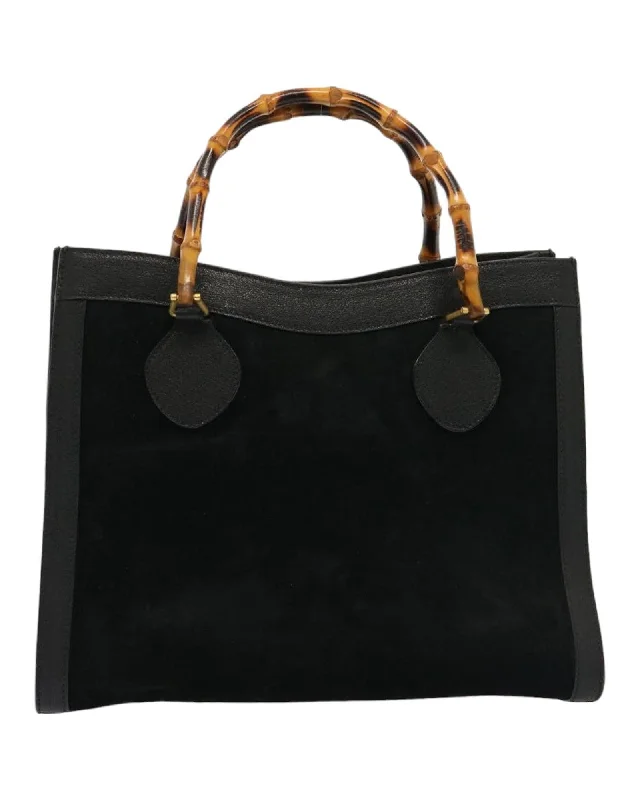 Suede Leather Bamboo Tote Bag - Black