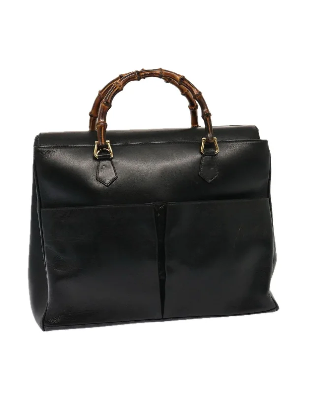 Black Leather Bamboo Hand Bag