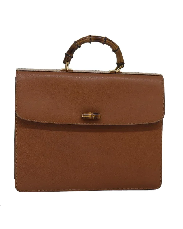 Brown Leather Bamboo Hand Bag with Handle Drop