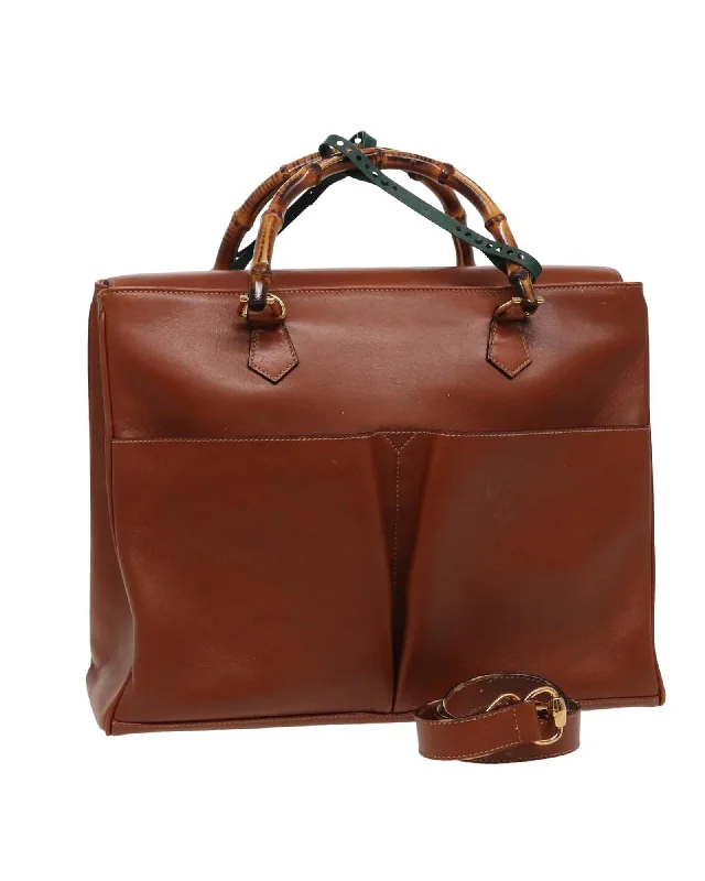 Leather 2-Way Bamboo Tote Bag in Brown