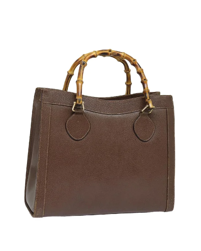 Leather Bamboo Tote Bag with Handle - Brown