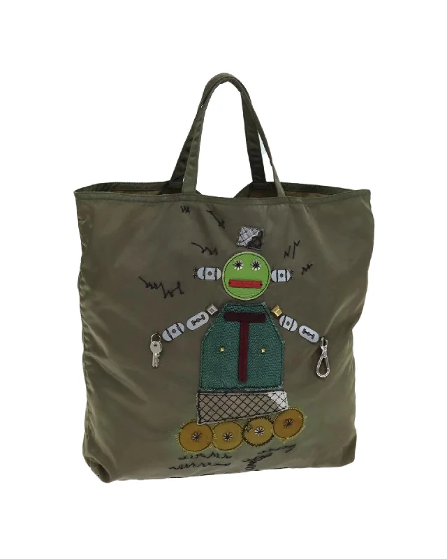 Khaki Nylon Robot Tote Bag by Prada