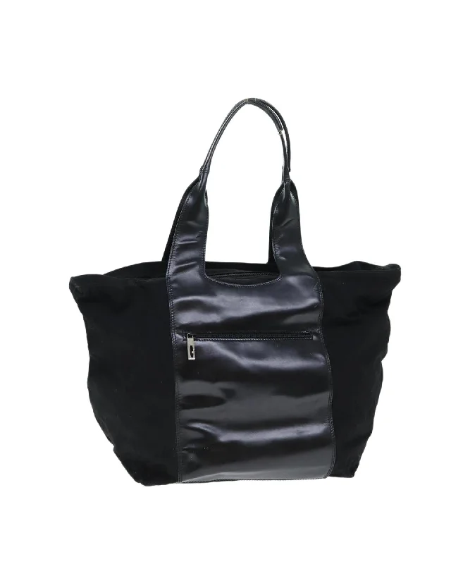 Black Leather Canvas Tote Bag - Italian Made