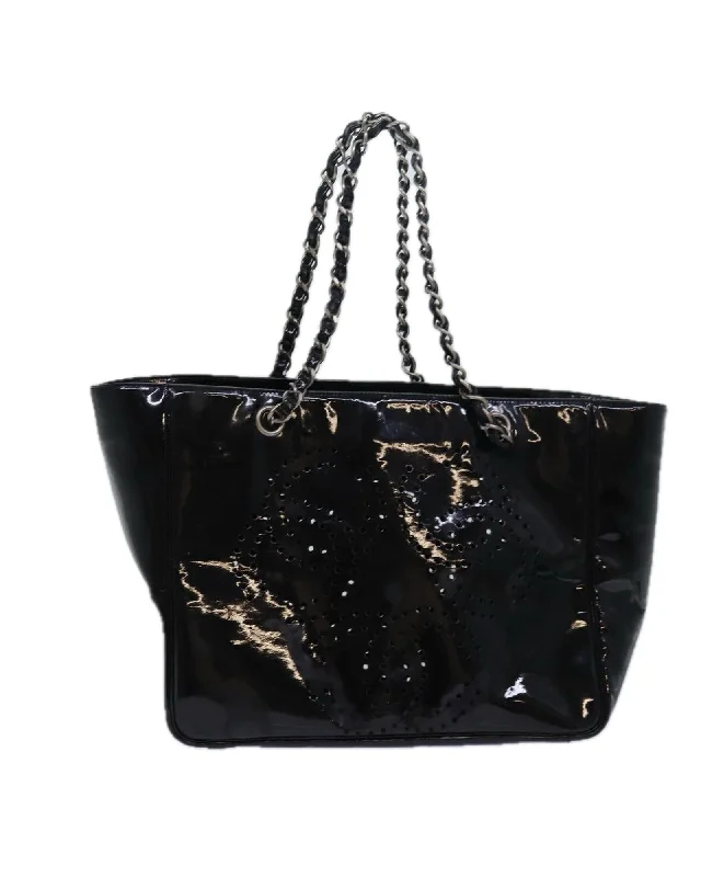 Enamel Chain Tote Bag with Triple Coco Design - Authentic Black CC