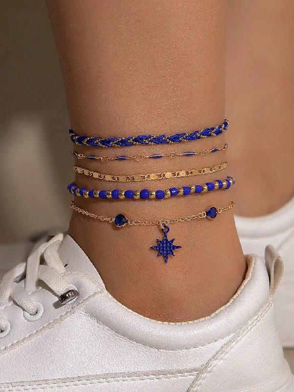 Alloy Vacation Style Rice Bead, Round Bead, Star, Rhinestone & Oil Drop Pendant Anklet