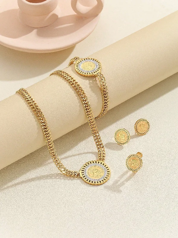 5pcs/set Stainless Steel 18k Gold Round Plate Embossed Frosted Chain