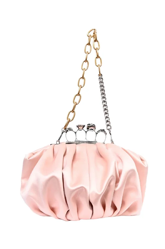 Alexander McQueen Pink Satin Barnacle Four Ring Clutch with Dual Tone Chain