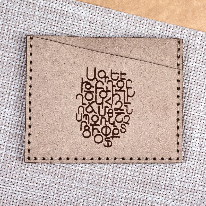 Armenian Alphabet-Themed Beige Suede Card Holder - Historic Icon