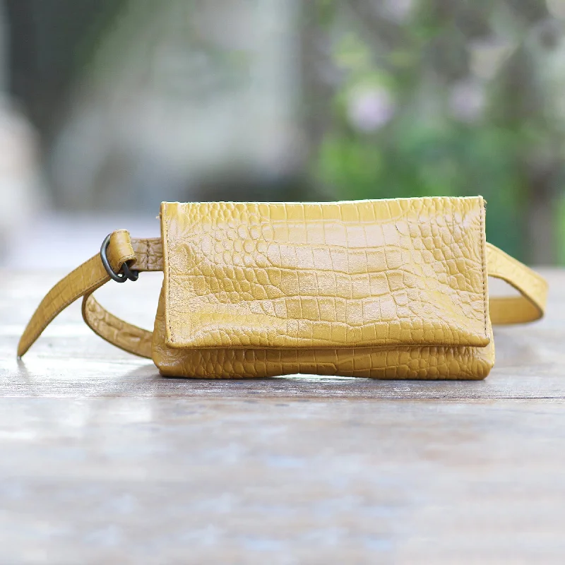 Artisan Made Leather Crocodile Texture Waist Bag - Cool Carrier in Ochre Croco