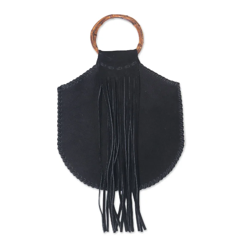 Balinese Black Suede and Bamboo Handle Handbag with Fringe - Endeavor in Onyx