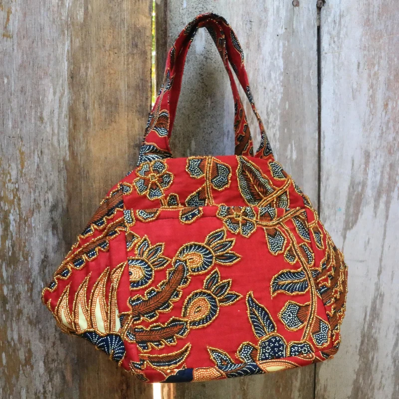 Beaded Red Handbag with Hand Stamped Batik from Bali - Red Peacock