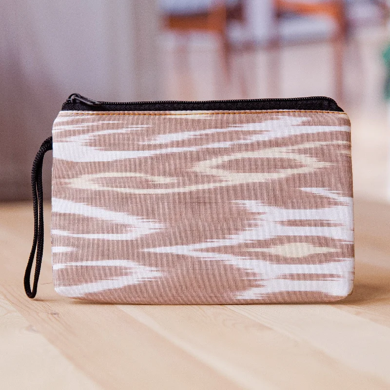 Beige and White Ikat Patterned Cotton Zippered Cosmetic Bag - Ikat Tenderness