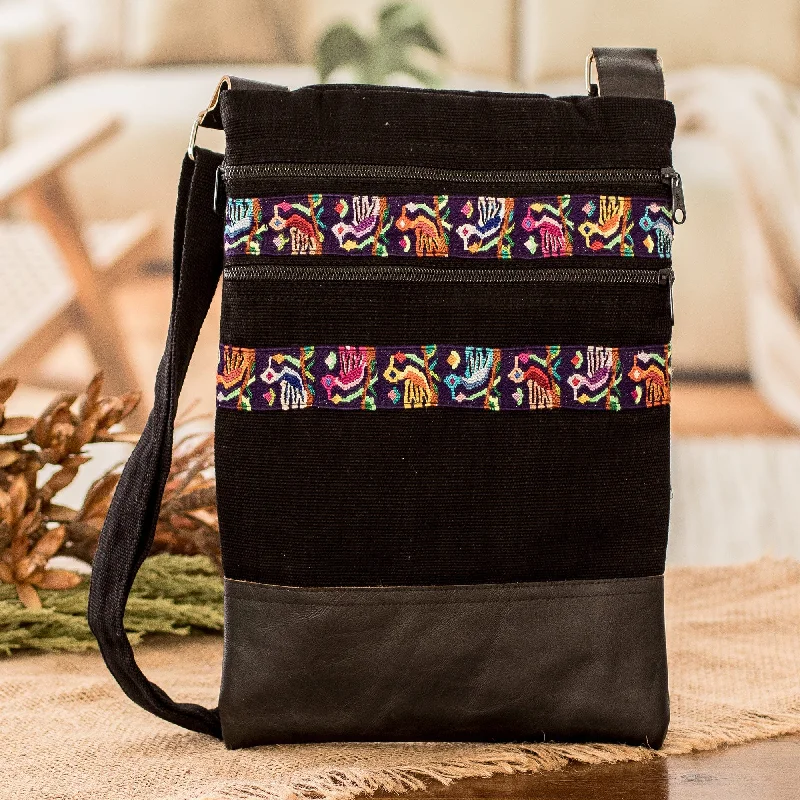 Bird-Themed Leather-Accented Cotton Sling Bag in Black - Avian Night