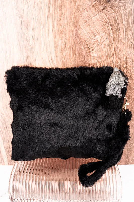 Black Fria Faux Fur Wristlet Tassel Pouch