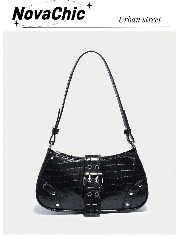 Black Pattern Single Shoulder Bag With Rivet Buckle & Decorations