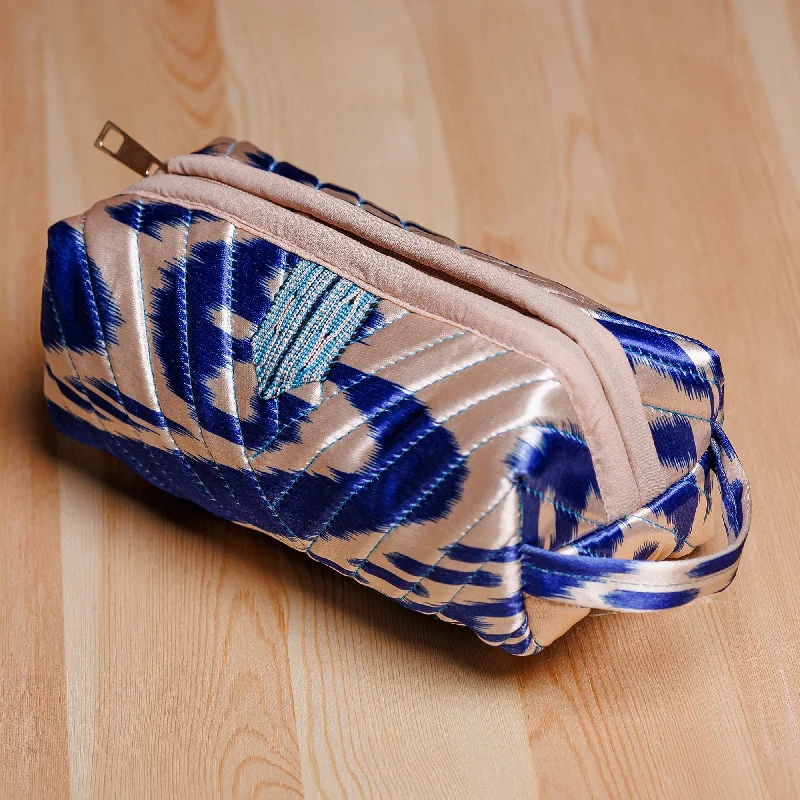 Blue and White Ikat Cosmetic Bag with Handle & Brass Zipper - Magical Blue