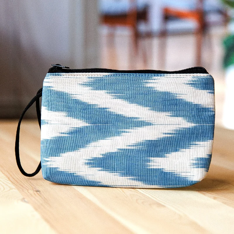 Blue and White Ikat Patterned Cotton Zippered Cosmetic Bag - Ikat Serenity