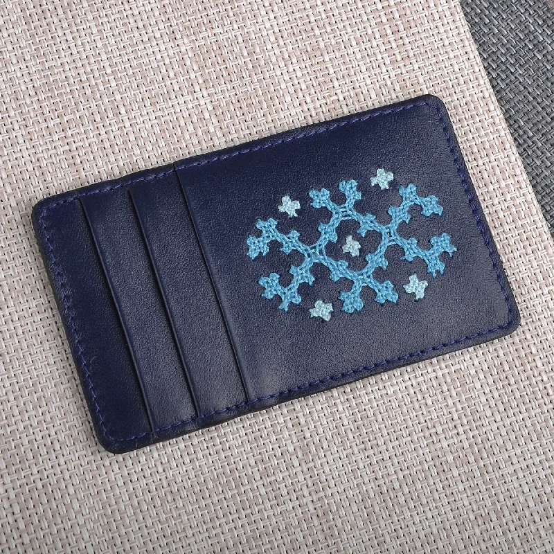 Blue Leather Card Holder with Traditional Marash Embroidery - Blue Marash