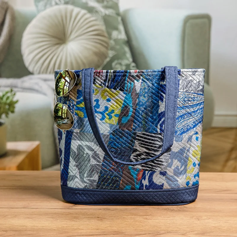 Blue-Toned Patchwork Ikat Tote Bag Crafted in Uzbekistan - Blue Traditions