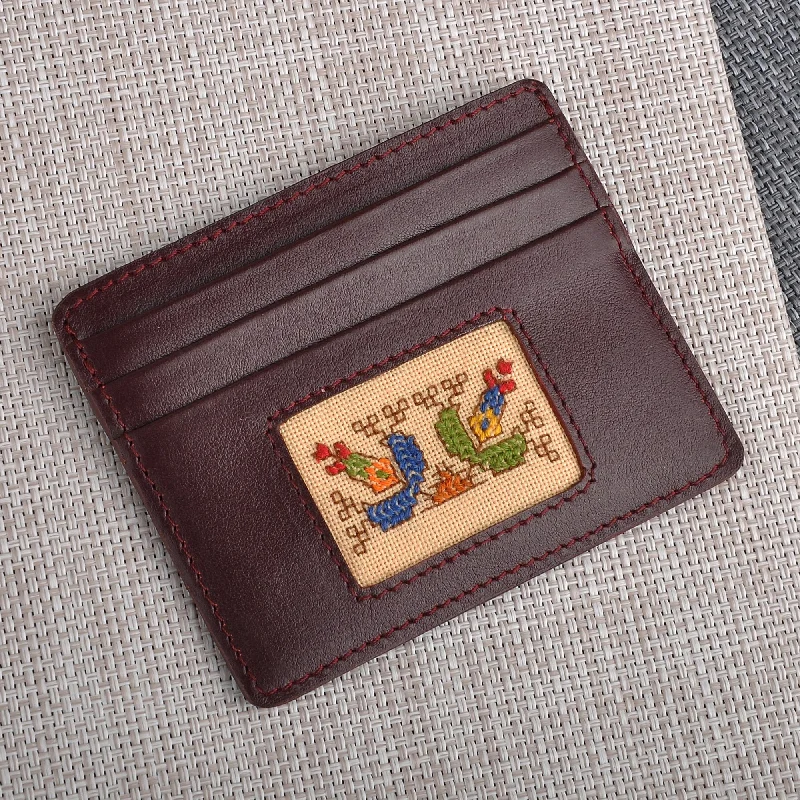 Brown Leather Card Holder with Traditional Textile - Handy Prosperity