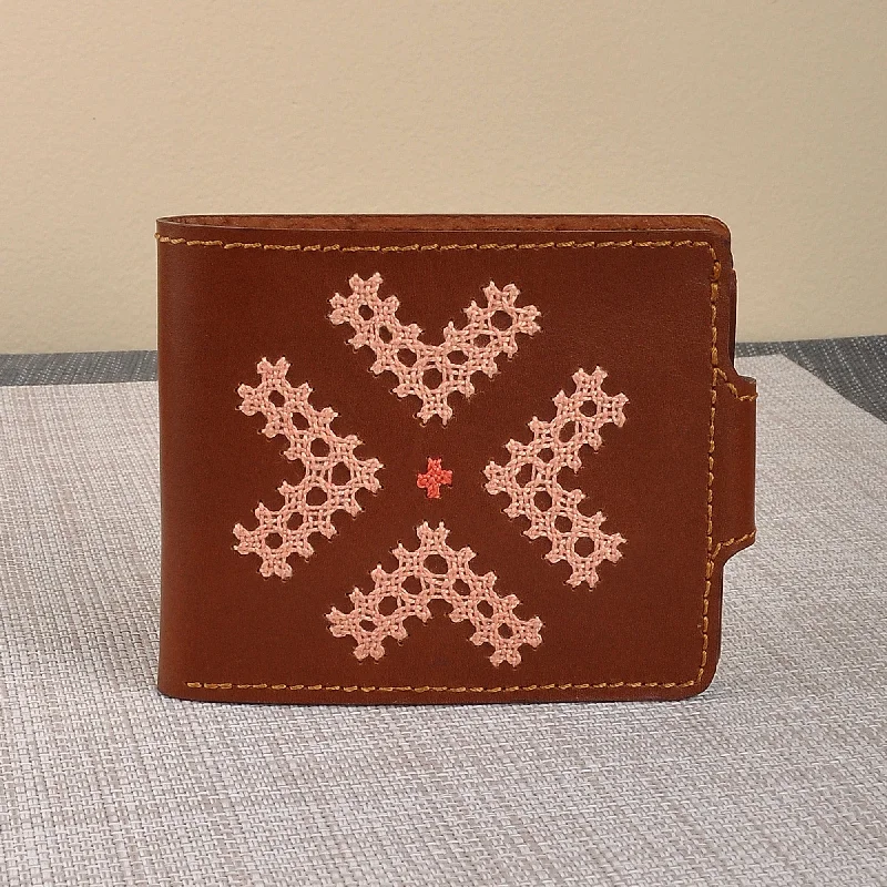 Brown Leather Wallet with Colorful Armenian Hand Embroidery - Marash Fortune