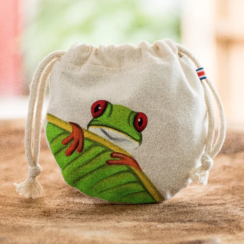 Costa Rican Hand Painted Frog Theme Cotton Drawstring Pouch - Red-Eyed Tree Frog