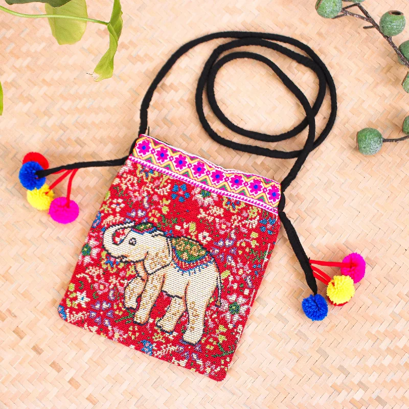 Cotton Blend Elephant & Floral Themed Sling Bag with Pompoms - Elephant Style