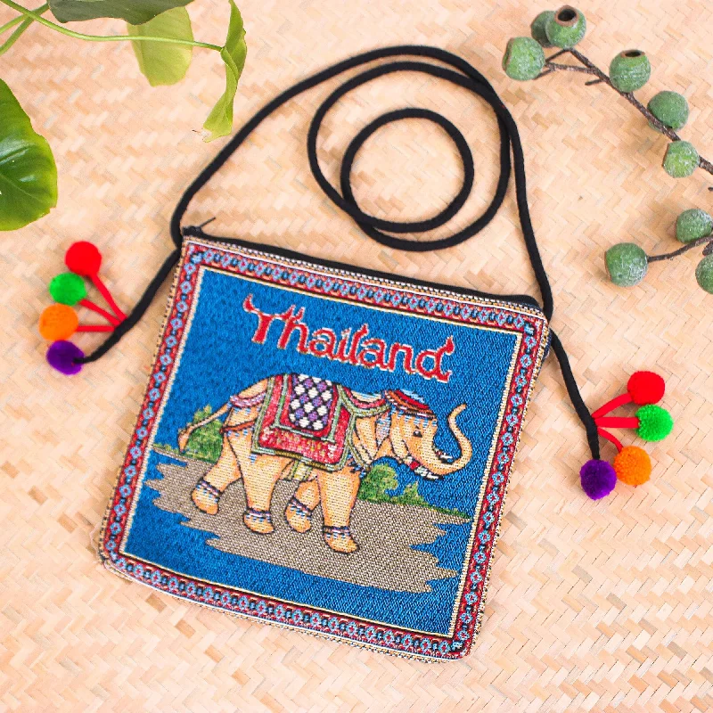 Cotton Blend Elephant-Themed Sling Bag in Blue with Pompoms - Elephant Allure