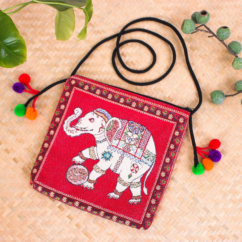 Cotton Blend Elephant-Themed Sling Bag in Red with Pompoms - Elephant Beauty