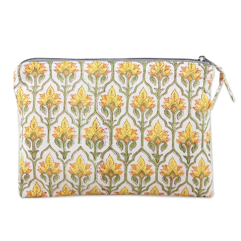 Cotton Cosmetic Bag with Hand-Block Printed Flowers & Leaves - Glorious Buttercup