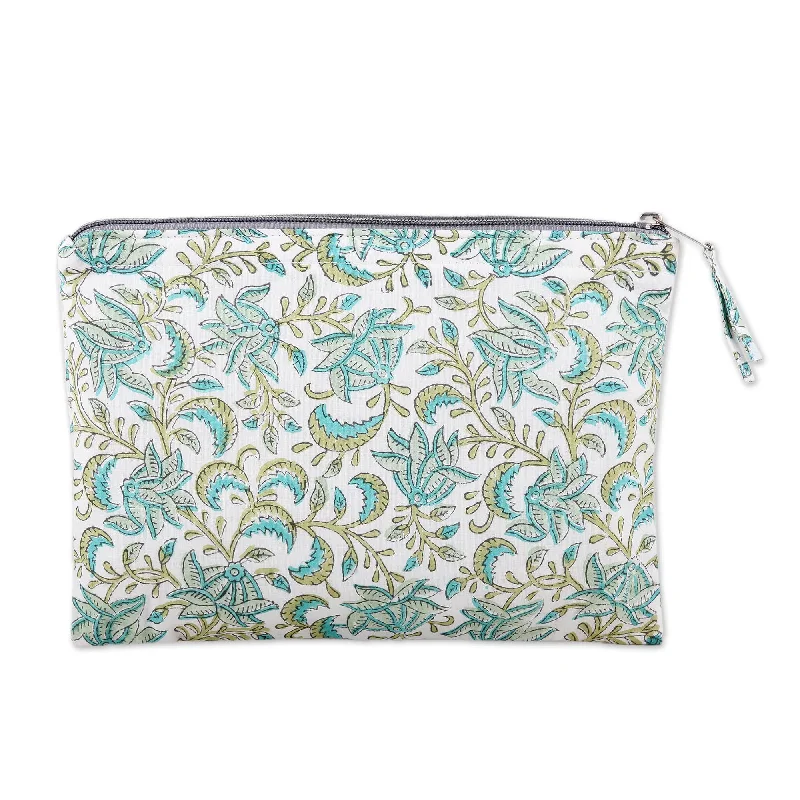 Cotton Cosmetic Bag with Hand-Block Printed Leafs & Flowers - Leafy Friends