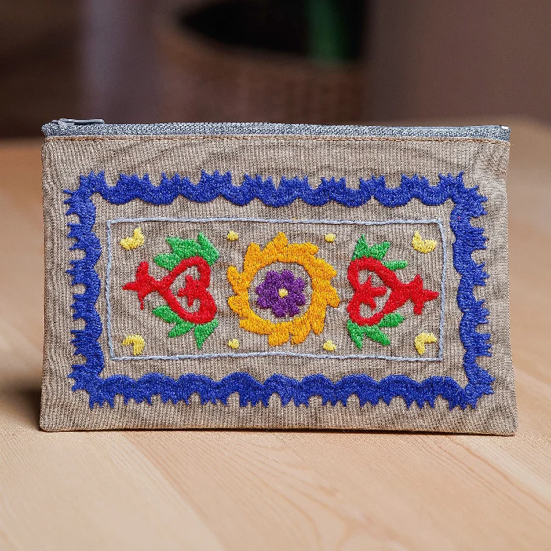 Cotton Cosmetic Bag with Suzani Hand-Embroidered Motifs - Chic Flair