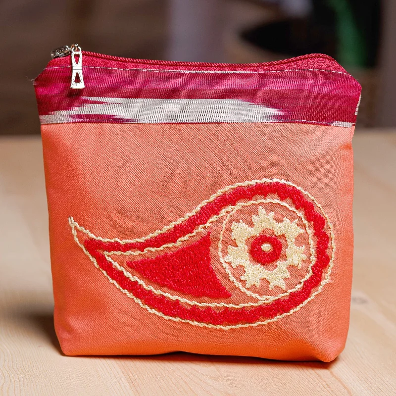 Cotton Cosmetic Bag with Suzani Hand Embroidery Ikat Accent - Chic Paisley