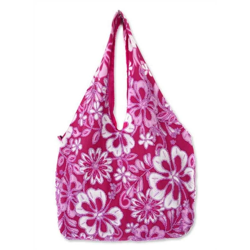 Cotton hobo shoulder bag - Pink Wilderness