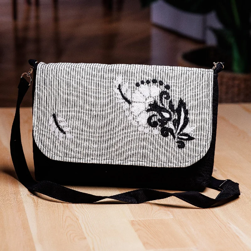 Cotton Sling Bag with Floral and Leaf Suzani Hand Embroidery - Luxe Flair