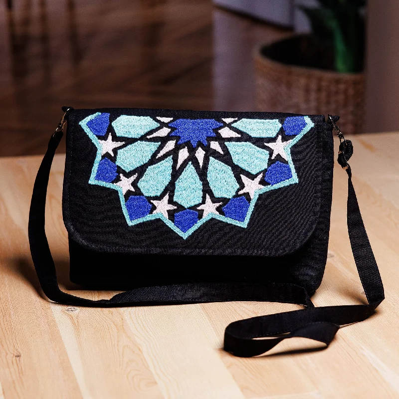 Cotton Sling Bag with Suzani Hand-Embroidered Star Motifs - Star Radiance