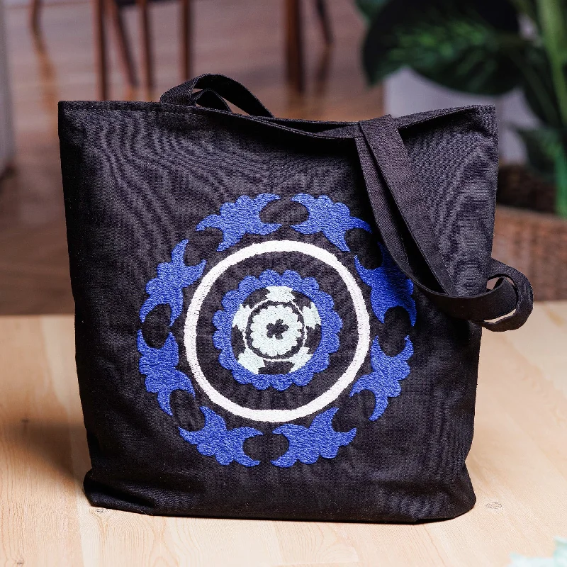 Cotton Tote Bag with Suzani Hand-Embroidered Mandala Motif - Mandala Vibes