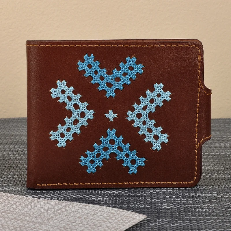 Cross-Stitch Embroidered Brown and Blue Leather Wallet - Marash Fortune in Dark Brown