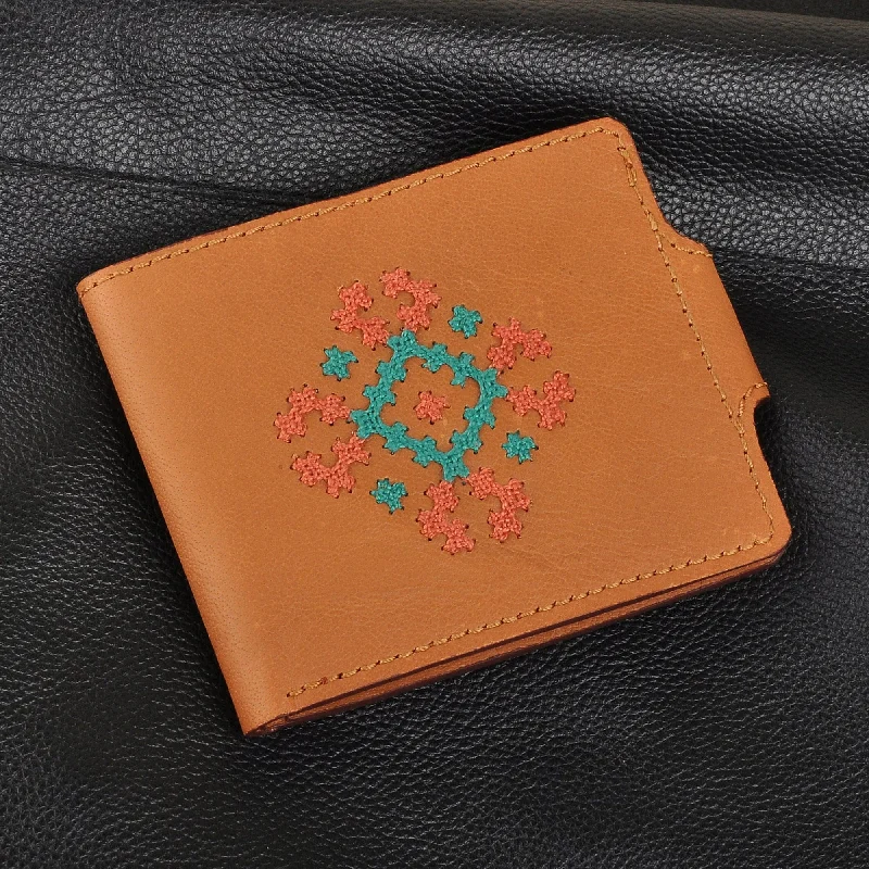 Cross-Stitch Embroidered Brown Leather Wallet from Armenia - Marash Fortune in Brown