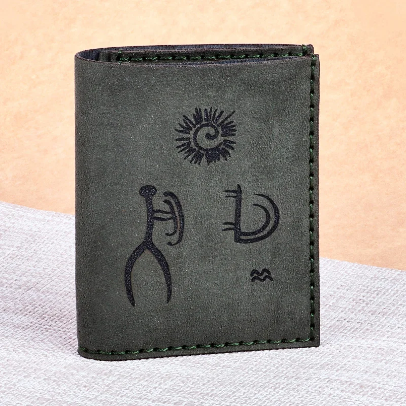 Dark Grey 100% Suede Wallet with Ancient Pictograph Details - Fortunate Heritage