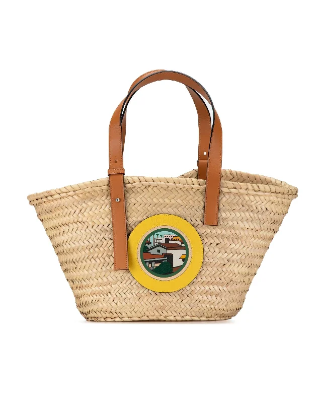 Raffia Basket Tote with Flat Leather Handles