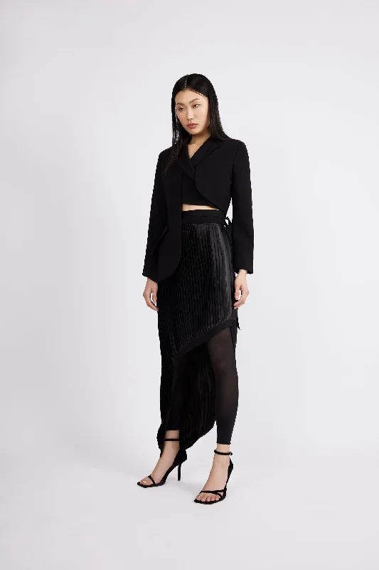 Long Asymmetric Skirt in Black Pleated Fluid Polyester from Deadstock fabrics