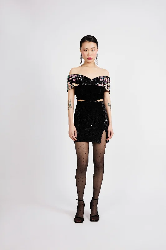 Sustainable Mini Skirt in Matte Black Velvet Sequin