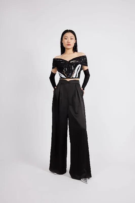 Wide Leg Trousers in Black Fluid Satin from Deadstock fabrics