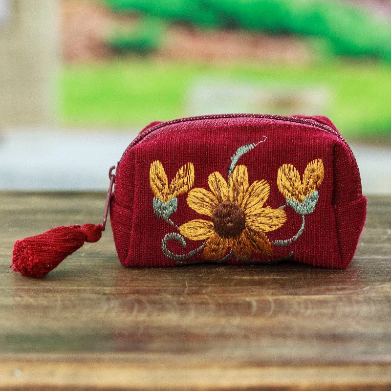 Embroidered Floral Burgundy and Marigold Cotton Coin Purse - Burgundy Spring